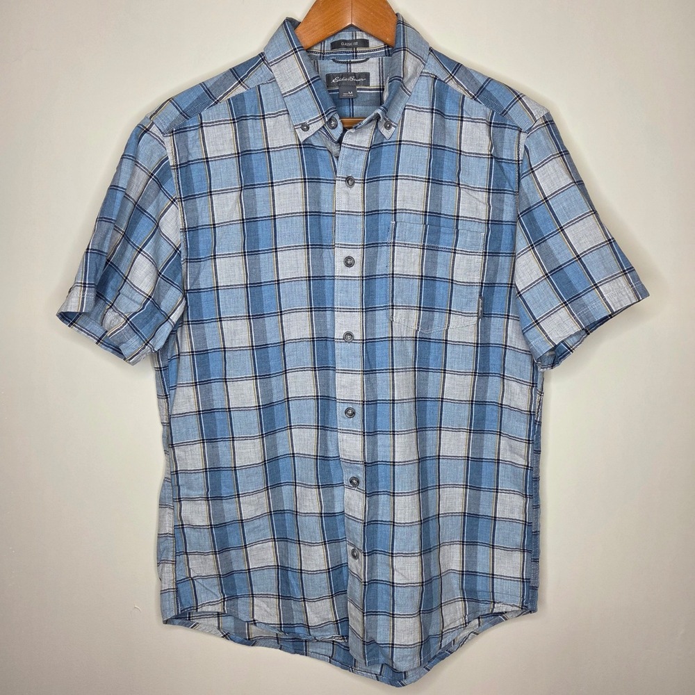 Eddie Bauer Mens Classic Fit Short‎ Sleeve Plaid Button Down Shirt Blue Gray M